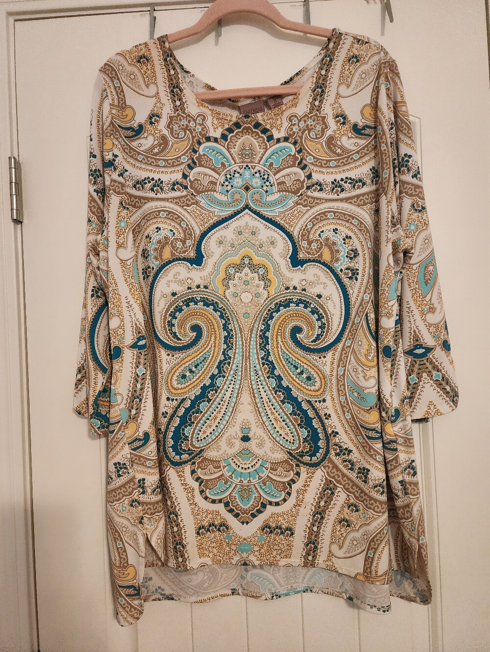 Chicos Easywear Sz 3 XL/16 Paisley Round Neck Tunic Top Teal Yellow Sand L/S